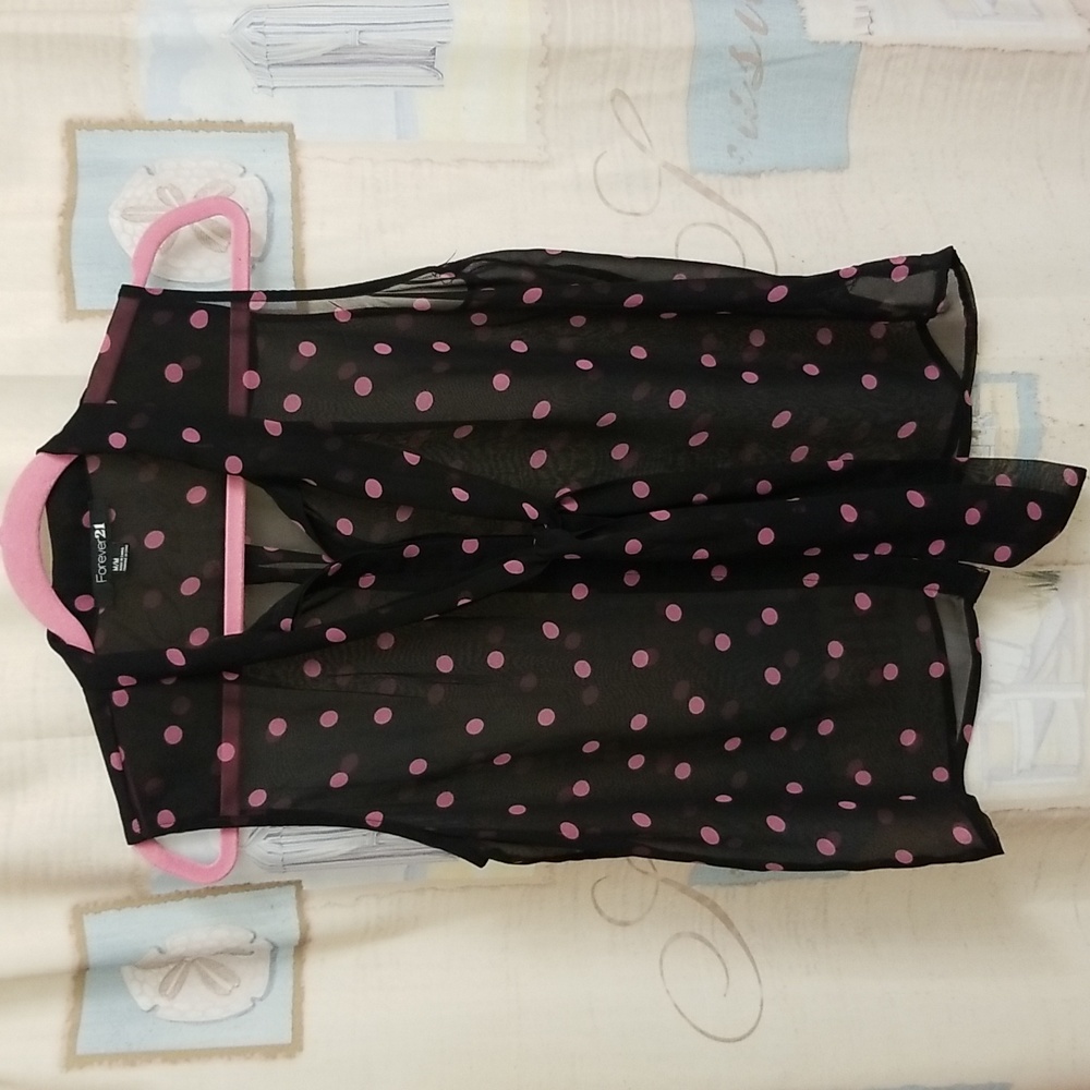 💕Super Cute Forever21 Sheer Polka Dot Button Down with Attached Neck Tie